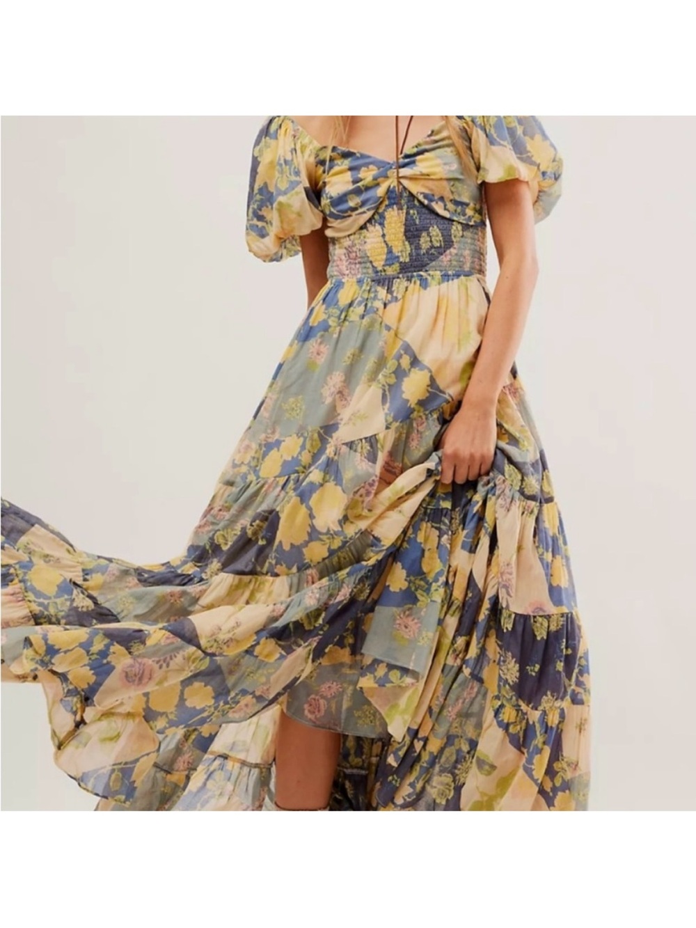 Free People Floral Maxi Dress in Blue, Yellow, Cream
